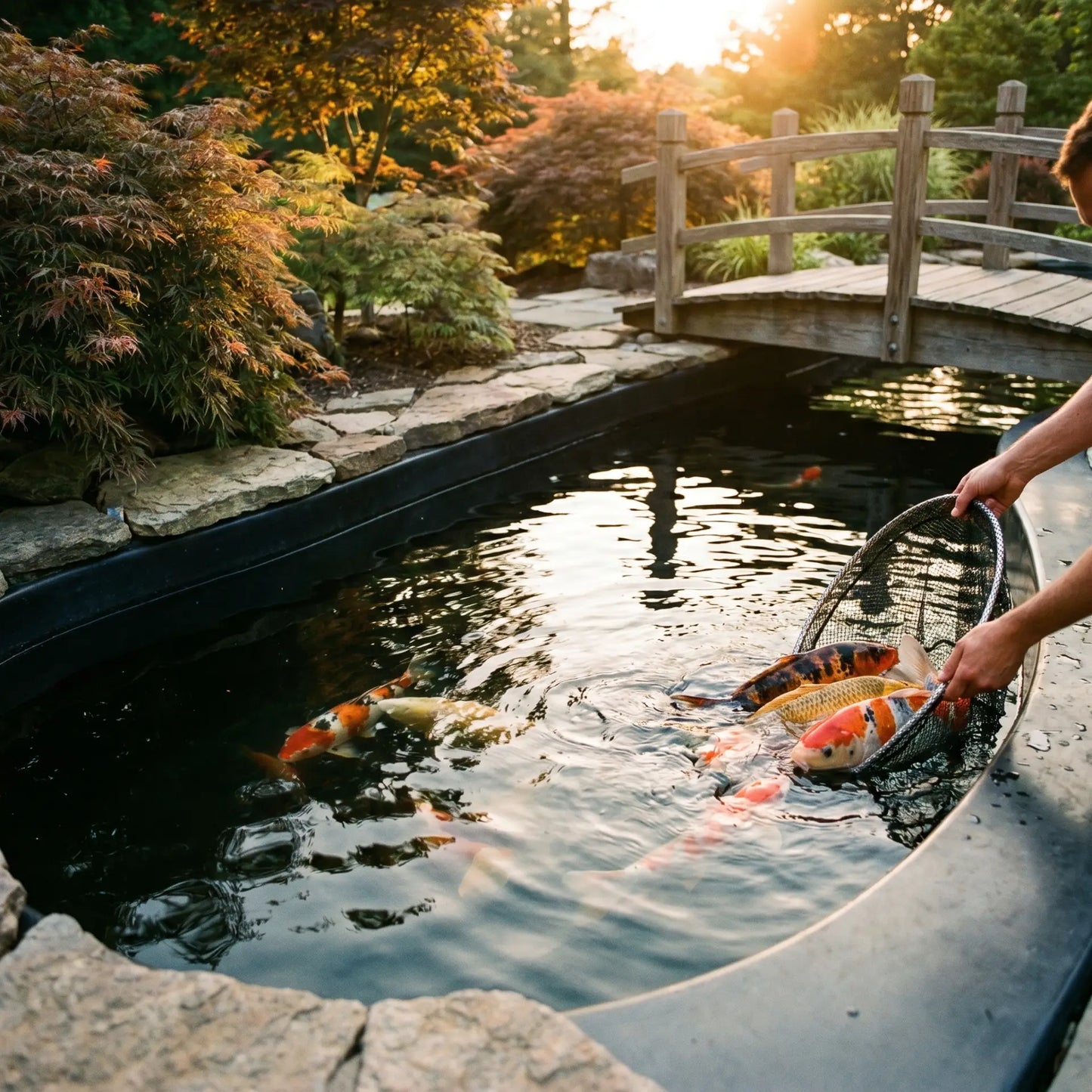 Fertig abgedichteter Koi-Teich mit TRIPOND Teichfolie Flüssig und Härter – glatte schwarze Schutzschicht, erste Koi beim Einsetzen