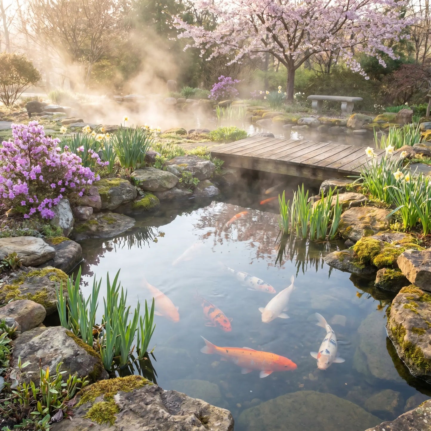 Koiteich im Fruehjahr morgens – klares Wasser, gesunde Koi, bluehendes Teichufer, ideale Stimmung fuer die saisonale Algenprophylaxe