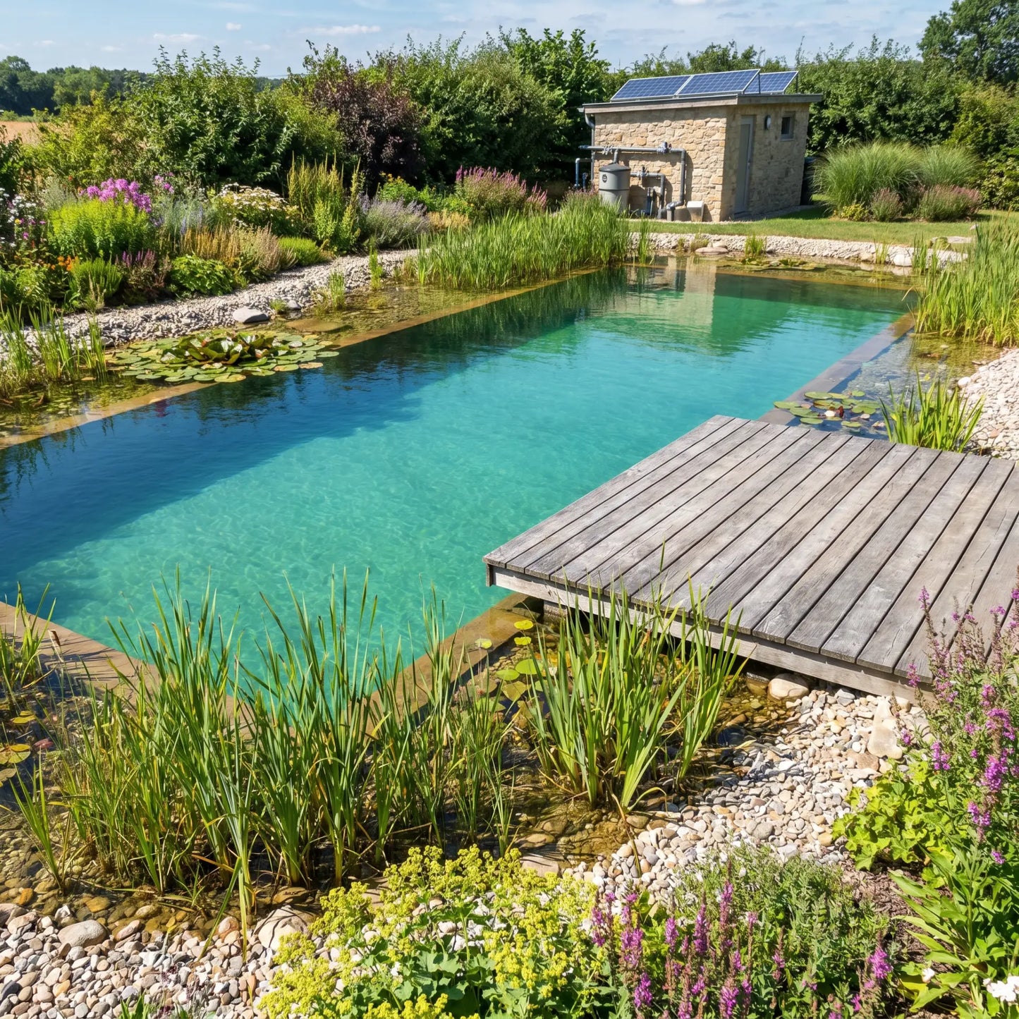Superflow Techno LV 12V Teichpumpe im Einsatz an einem Schwimmteich mit sicherer Niedervolt-Technik