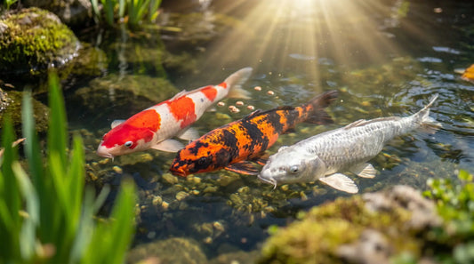 Bunte Koi-Karpfen schwimmen im Frühjahr an die Wasseroberfläche – optimale Wachstumsphase für Koi ab 12 °C