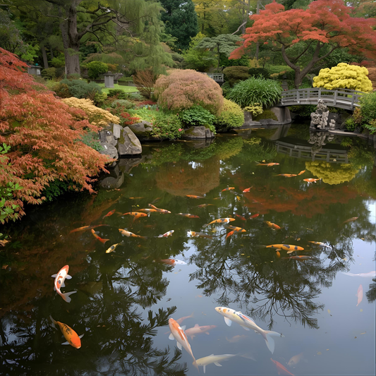 Herbstlicher gepflegter Koiteich mit buntem Laub am Ufer, friedliche Atmosphäre