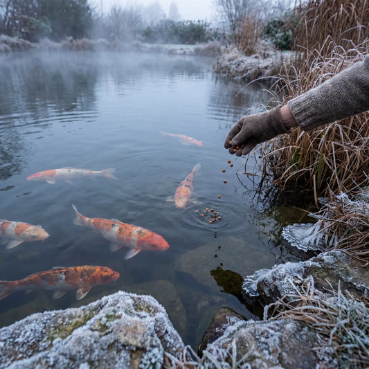 Koi im herbstlich kühlen Teich – rechtzeitige Herbstfütterung füllt die Fettreserven und beugt dem Energiemangelsyndrom vor