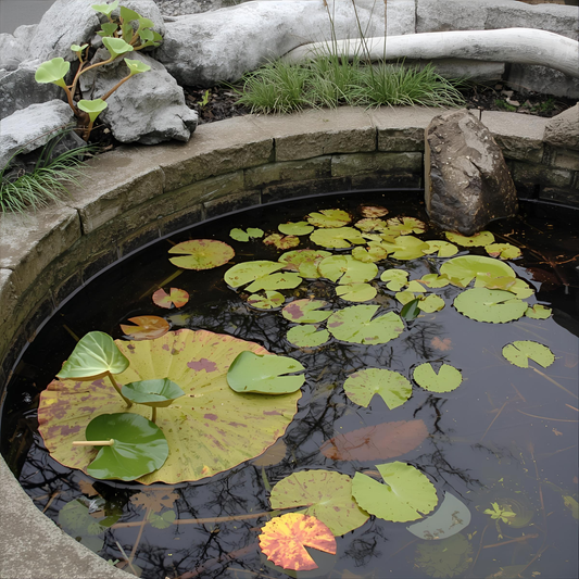 Gartenteich im Herbst mit winterharten Teichpflanzen: Seerosen-Blätter und Binsen in Teichzone