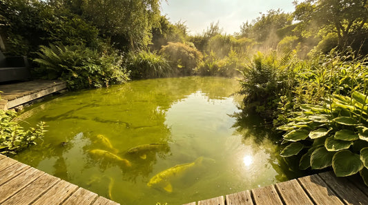 Grüner Teich im Hochsommer durch Schwebealgen – typisches Problem bei hohen Sommertemperaturen im Koi- und Gartenteich