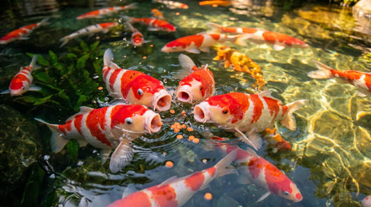 Kohaku-Koi mit leuchtend roter Farbzeichnung fressen schwimmende Futterpellets an der Wasseroberfläche – Farbentwicklung durch gezieltes Farbfutter im Sommer