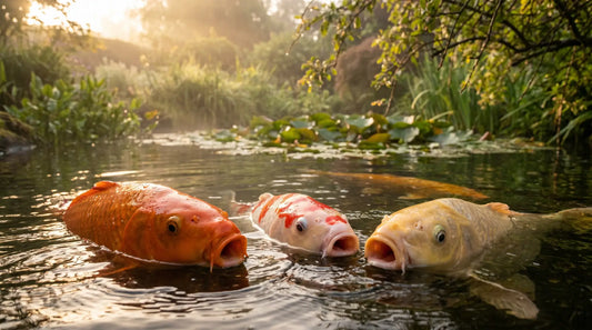 Koi schnappen im Hochsommer an der Teichoberfläche nach Luft –  typisches Warnsignal für akuten Sauerstoffmangel im Koiteich