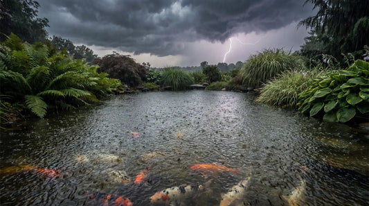 Koiteich bei Starkregen – Regentropfen auf der Wasseroberfläche, dunkle Gewitterwolken, Koi sichtbar unter der aufgewühlten Oberfläche