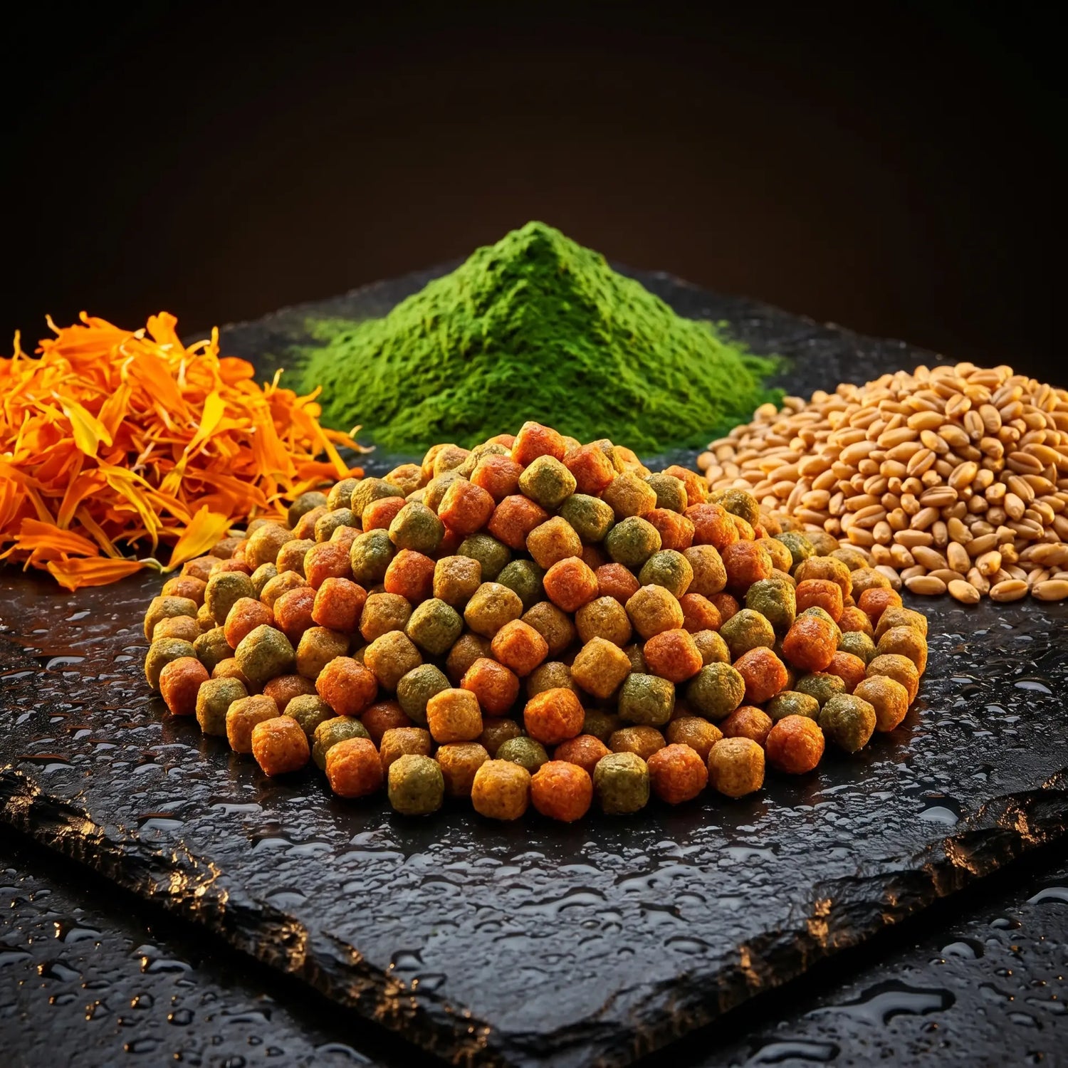 Alltech Coppens Koi Mix OSW 15 kg – tricolore OSW-Pellets auf schwarzem Naturschiefer mit orangen Ringelblumenblüten, grünem Spirulina und goldenen Weizenkörnern – Profifutter für Farbe, Wachstum und Vitalität