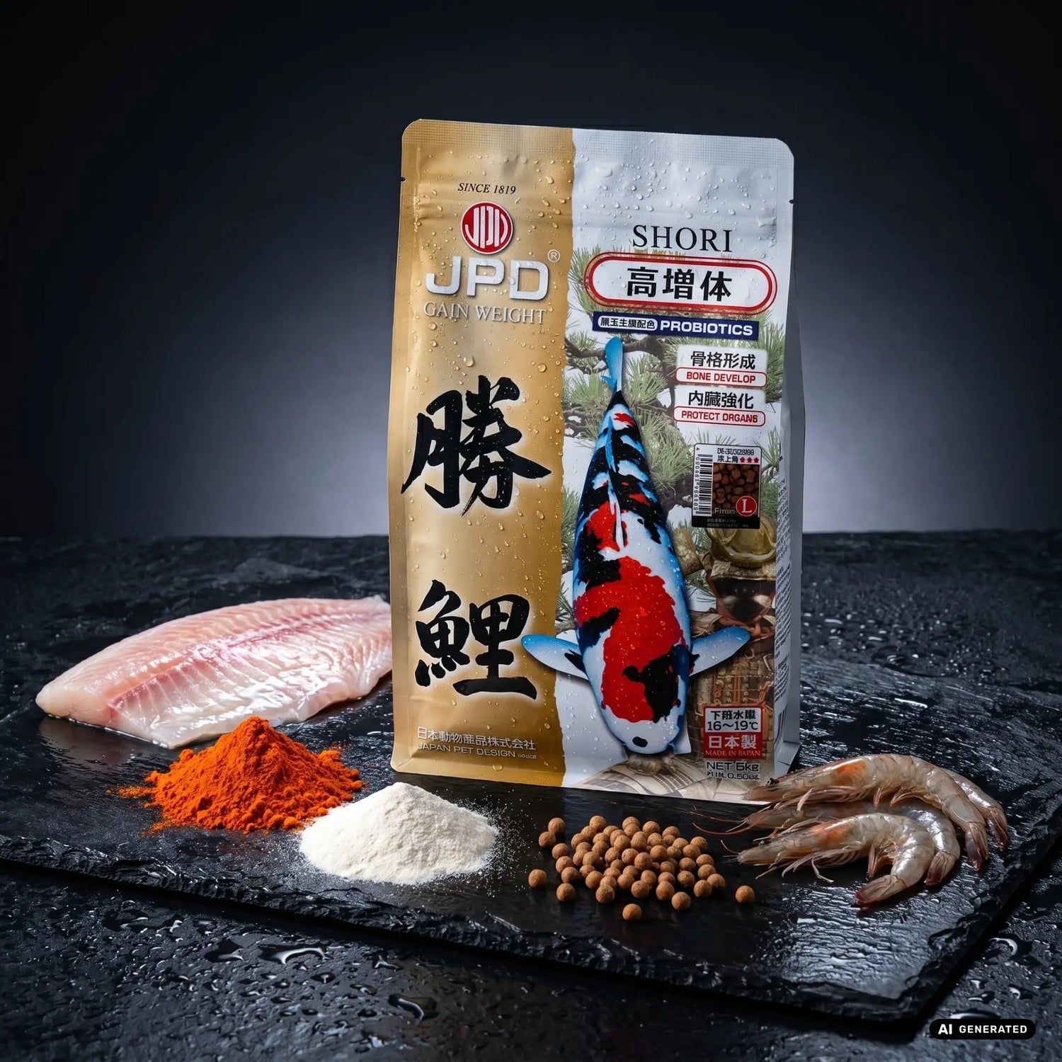 JPD Shori Koifutter – Wachstumsfutter mit 45 % Protein, Probiotika & Astaxanthin – AI GENERATED / KI-GENERIERT