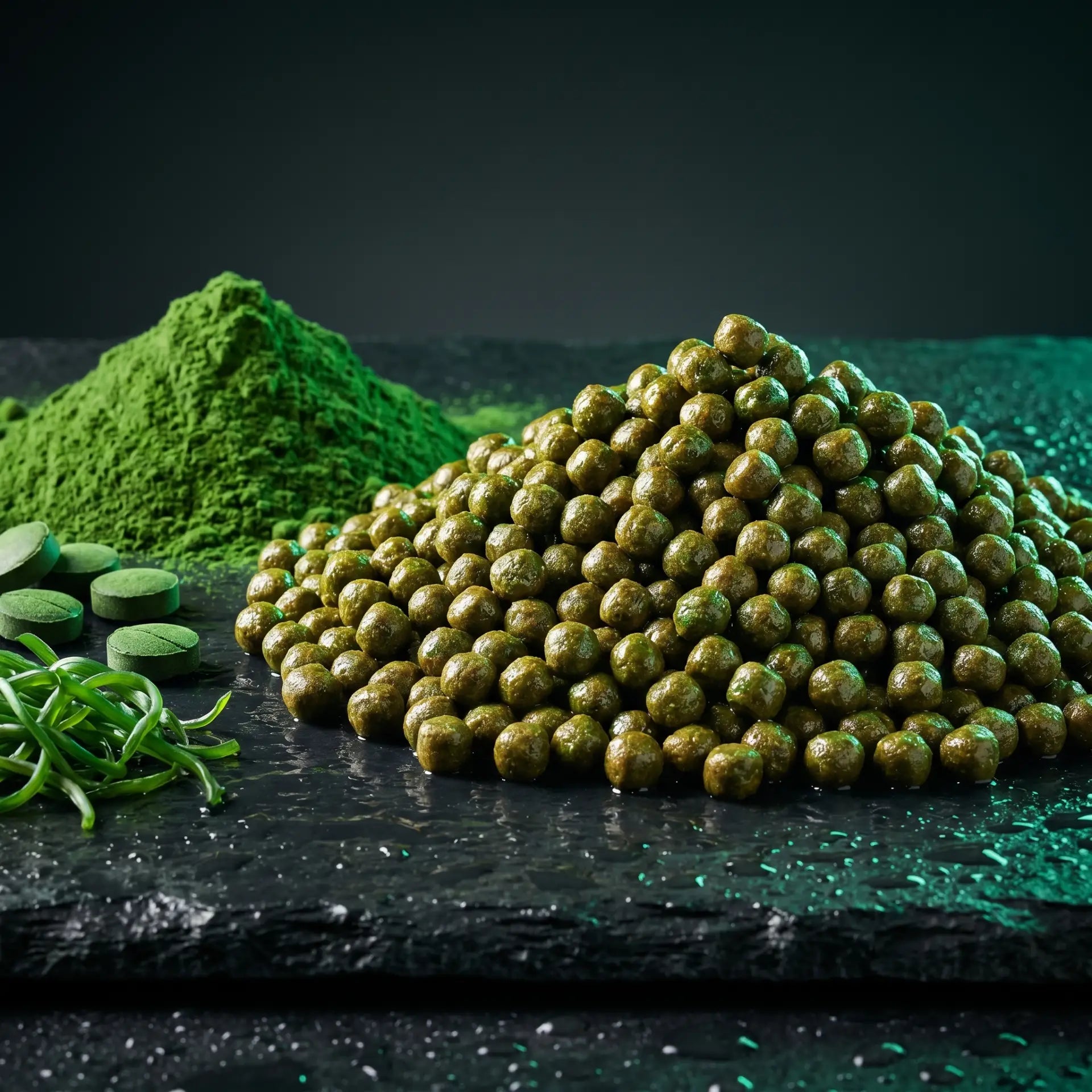 Alltech Coppens Spirulina 15 kg – grünlich-braune Spirulina-Pellets auf schwarzem Naturschiefer mit Spirulina-Pulver, Presslingen und frischen Algen – natürliches Koi Farbfutter für intensive Farben