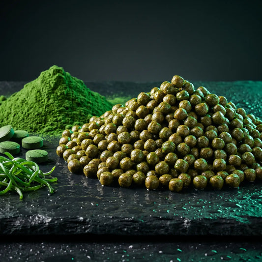 Alltech Coppens Spirulina 15 kg – grünlich-braune Spirulina-Pellets auf schwarzem Naturschiefer mit Spirulina-Pulver, Presslingen und frischen Algen – natürliches Koi Farbfutter für intensive Farben