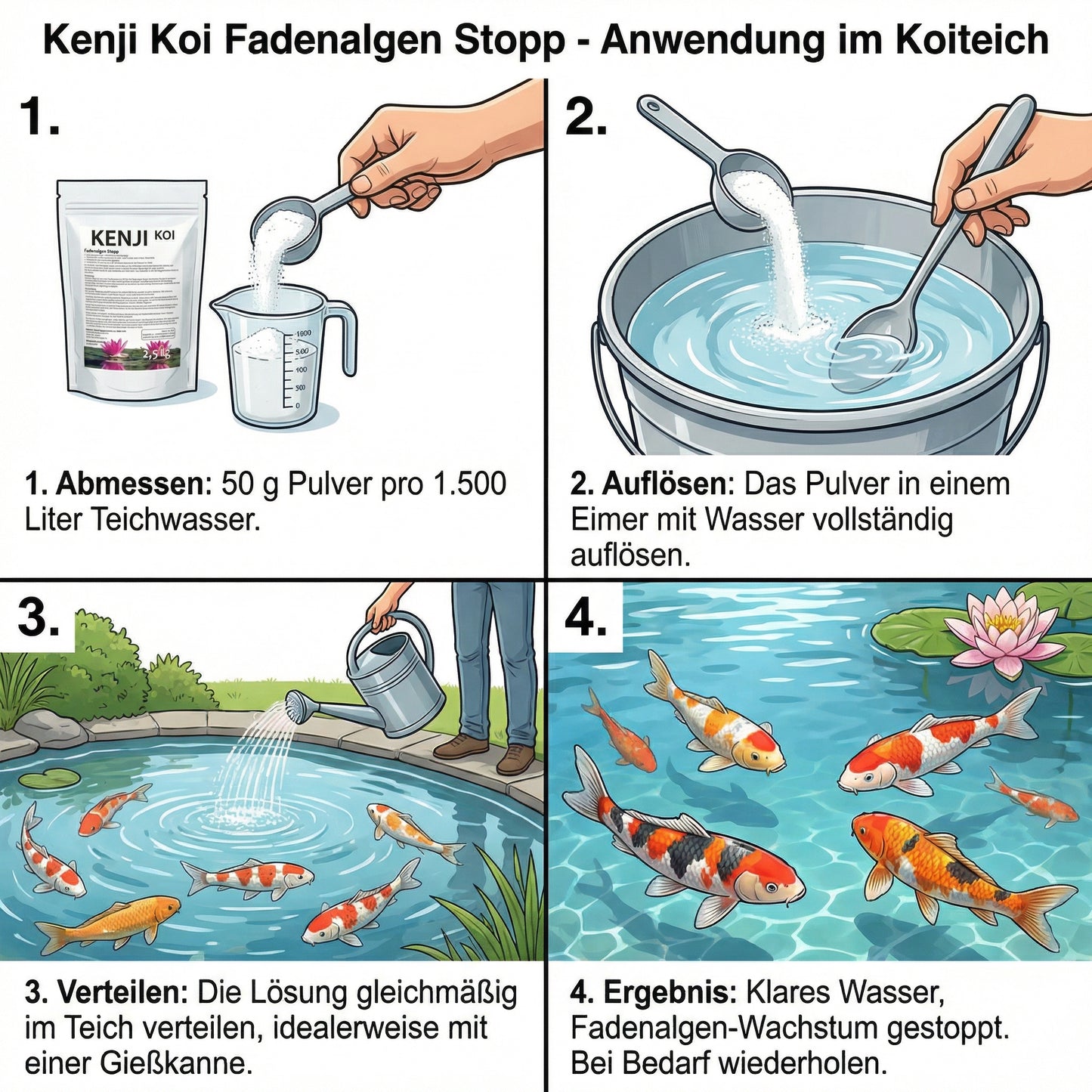 Koiteich vor und nach der Behandlung mit Kenji Koi Fadenalgen Stopp