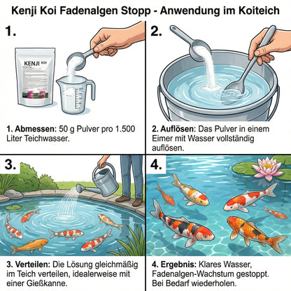 Koiteich vor und nach der Behandlung mit Kenji Koi Fadenalgen Stopp