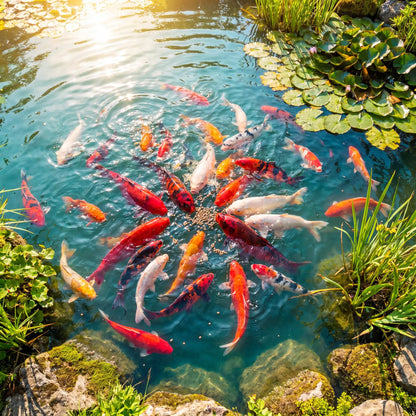 Koi werden in der Hochsaison mit JPD Shori Wachstumsfutter gefüttert – aktive Koi an der Wasseroberfläche im Sommer