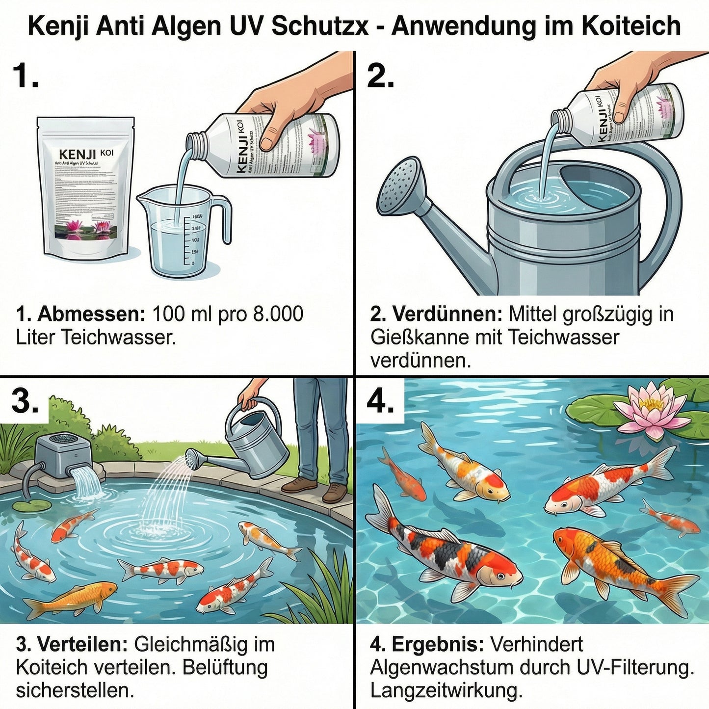 KENJI KOI Anti Algen UV Schutz Anwendung – Algenmittel wird am Koiteich vorbereitet und über die Teichoberfläche verteilt