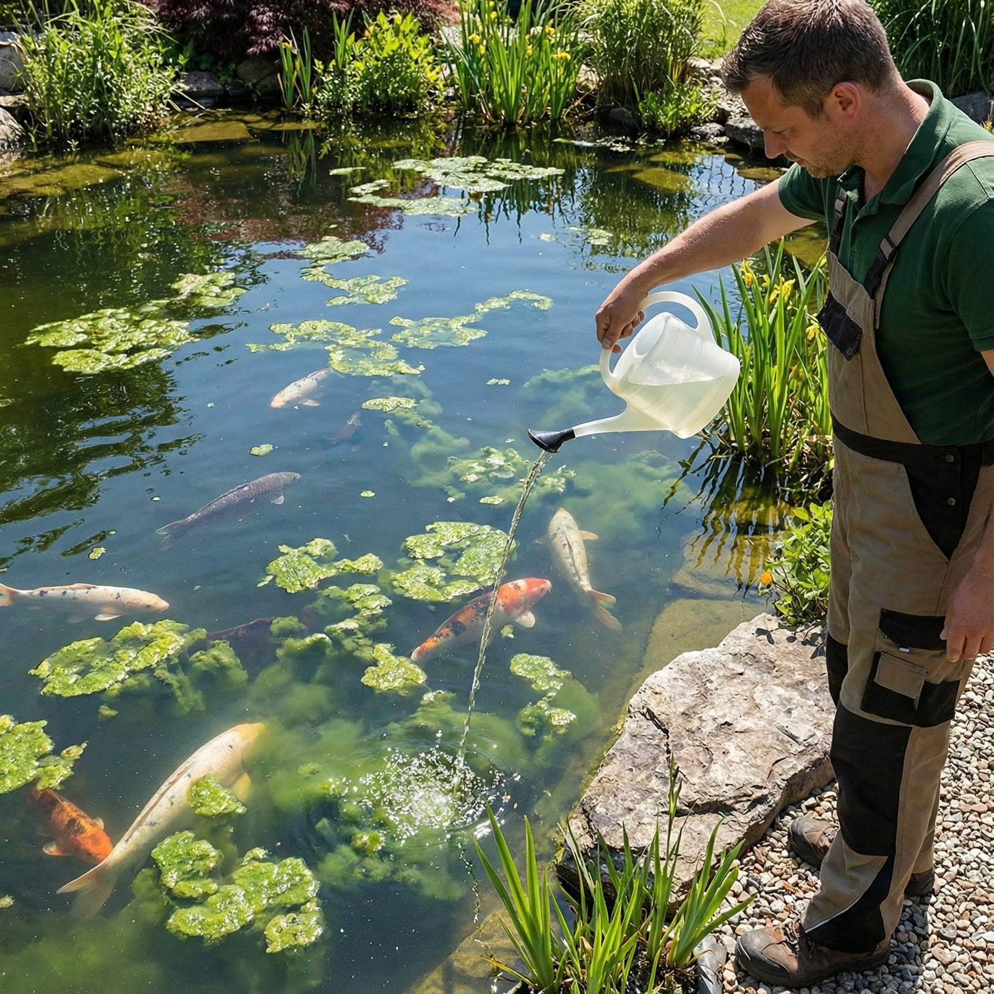 Schwebealgen Verklumpung nach Grünwasser Ex Behandlung – sichtbare Algenflocken im Koiteich
