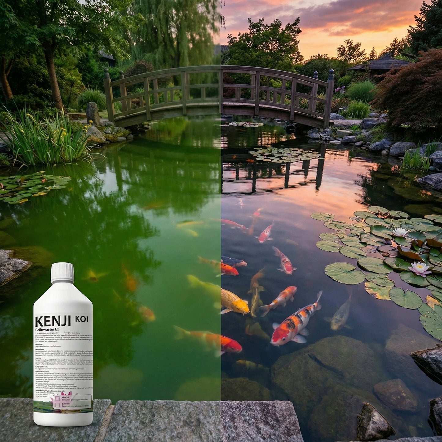 Koiteich vorher-nachher: Grünes Teichwasser durch Schwebealgen – klares Teichwasser nach Behandlung mit Grünwasser Ex