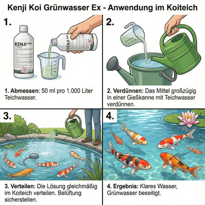 Kenji Koi Grünwasser Ex Anwendung – 50ml pro 1000 Liter Teichwasser in Gießkanne vorverdünnen
