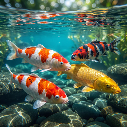 Gesunde, farbenprächtige Koi mit intensiver Rot- und Orangefärbung – sichtbares Ergebnis des Sommer Bundles aus Kenji Koi Daily Food und JPD Shogun