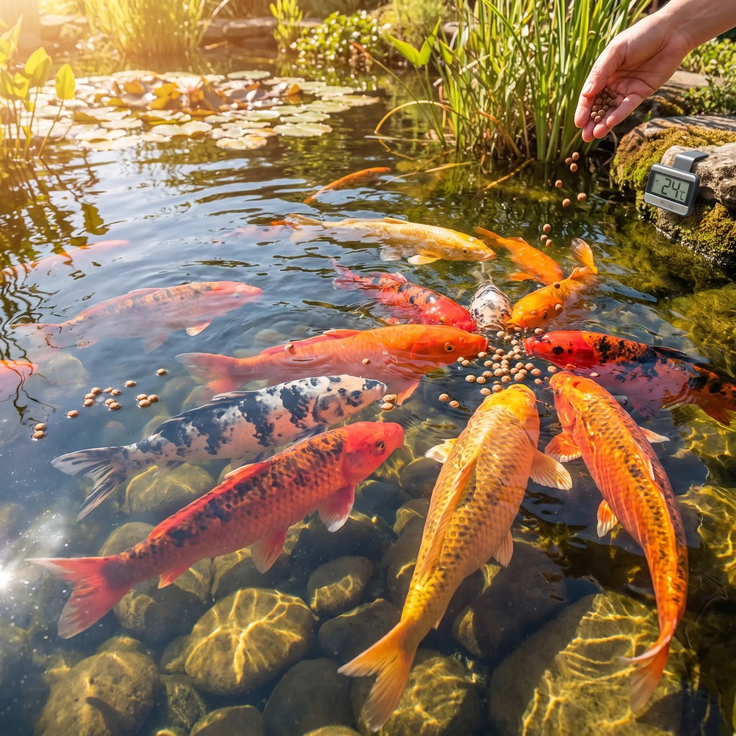 Koi werden im Hochsommer am Teich mit dem Sommer Bundle aus Kenji Koi Daily Food und JPD Shogun gefüttert – vitale, farbenprächtige Koi an der Wasseroberfläche