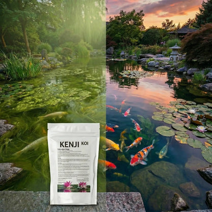 Koiteich vor und nach der Behandlung mit Kenji Koi Fadenalgen Stopp – Fadenalgen abgestorben nach 3-4 Tagen