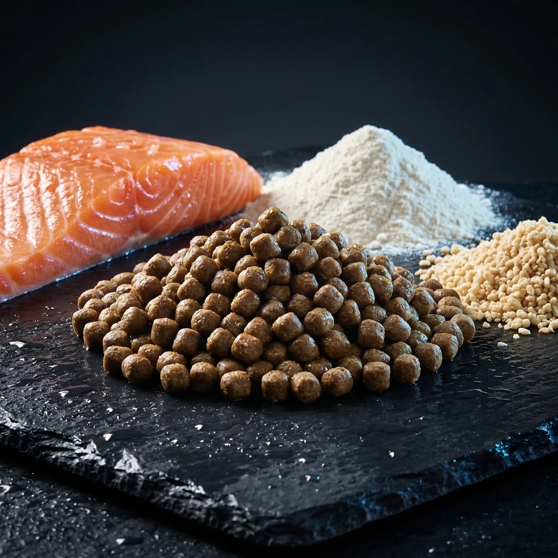 Alltech Coppens Grower 15 kg – helle proteinreiche Koi-Pellets auf schwarzem Naturschiefer mit großem Lachsfilet, Fischmehlpulver und Sojaprotein – Hochprotein-Wachstumsfutter für Koi
