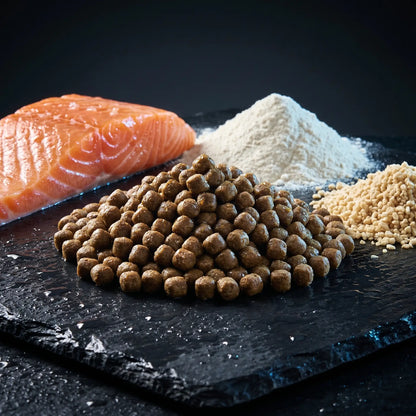 Alltech Coppens Grower 15 kg – helle proteinreiche Koi-Pellets auf schwarzem Naturschiefer mit großem Lachsfilet, Fischmehlpulver und Sojaprotein – Hochprotein-Wachstumsfutter für Koi