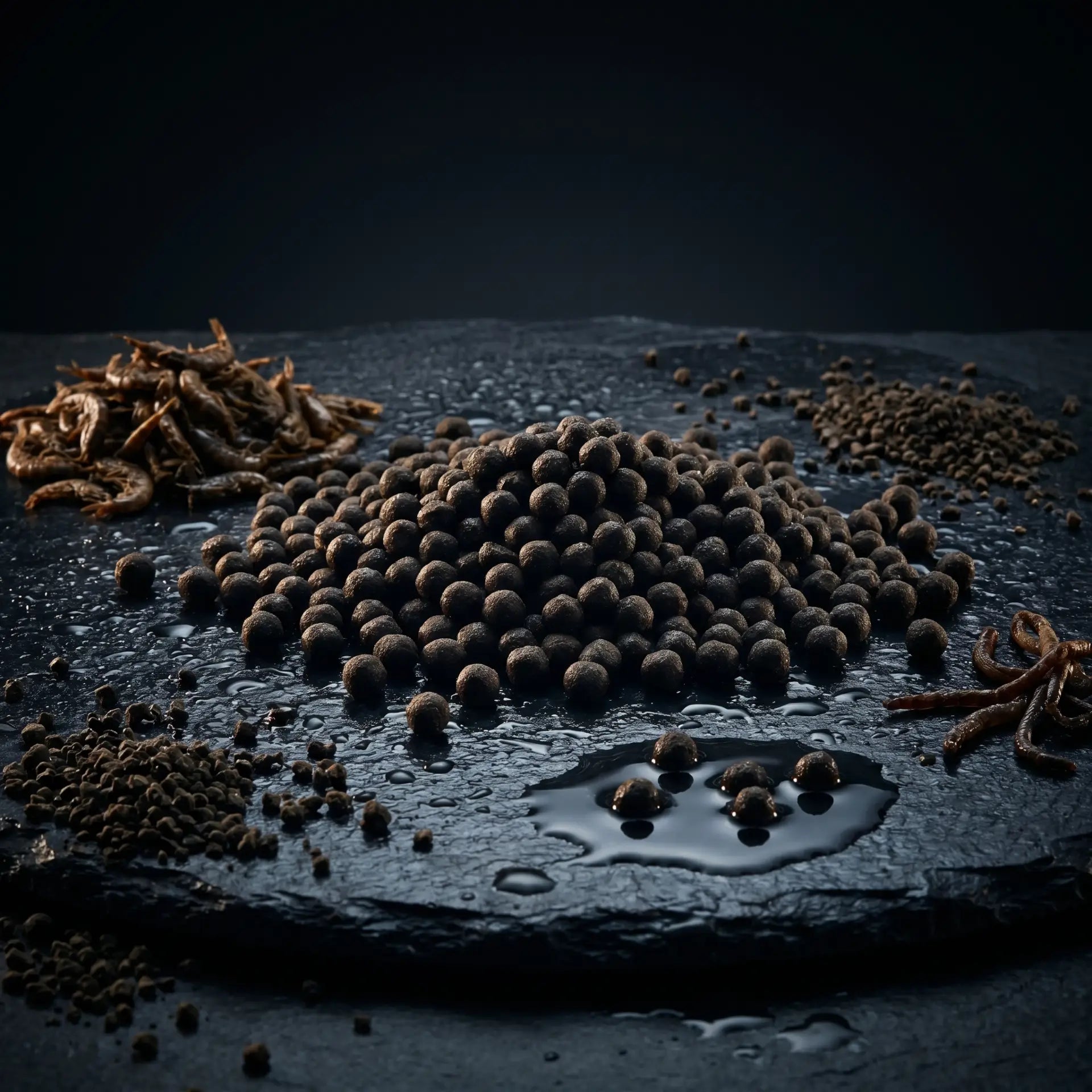 Alltech Coppens Störfutter 25 kg – dunkelbraune Sinkpellets auf schwarzem Naturschiefer mit getrocknetem Gammarus und Mineralerde – sinkendes Hauptfutter für Störe und Welse