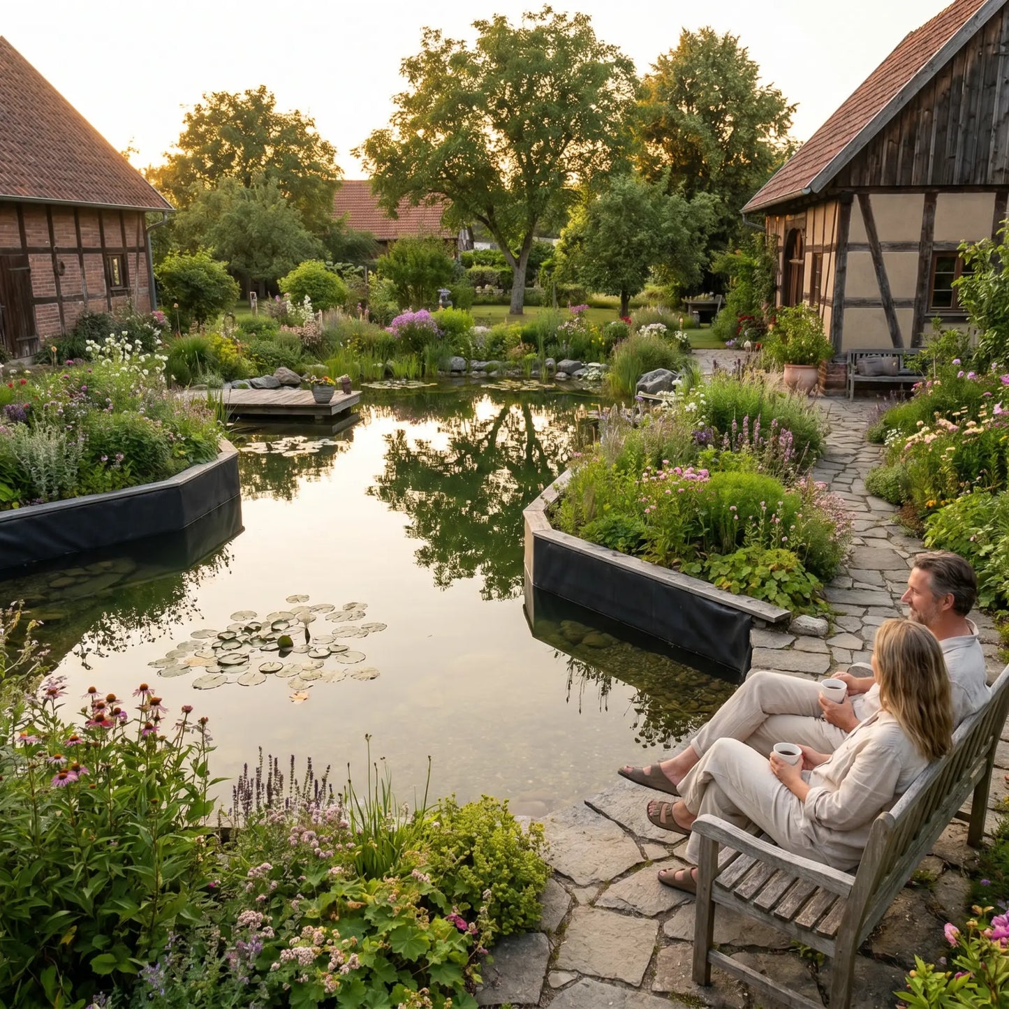 Idyllischer Gartenteich mit schwarzer TRIPOND Teichfolie abgedichtet – Seerosen, Spiegelung, natürliche Gartenatmosphäre