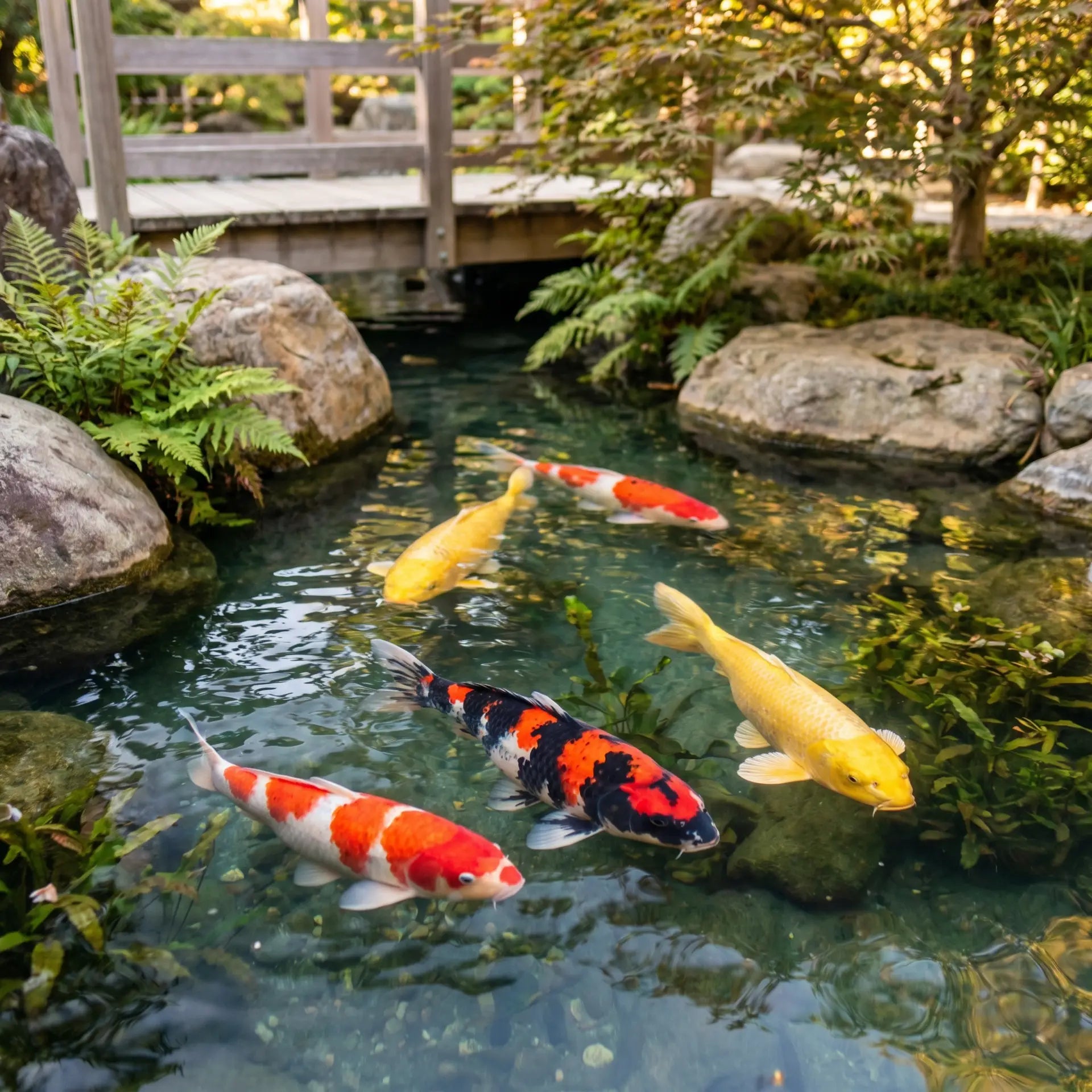 Gesunde vitale Koi im Teich JPD Fujiyama Basisfutter