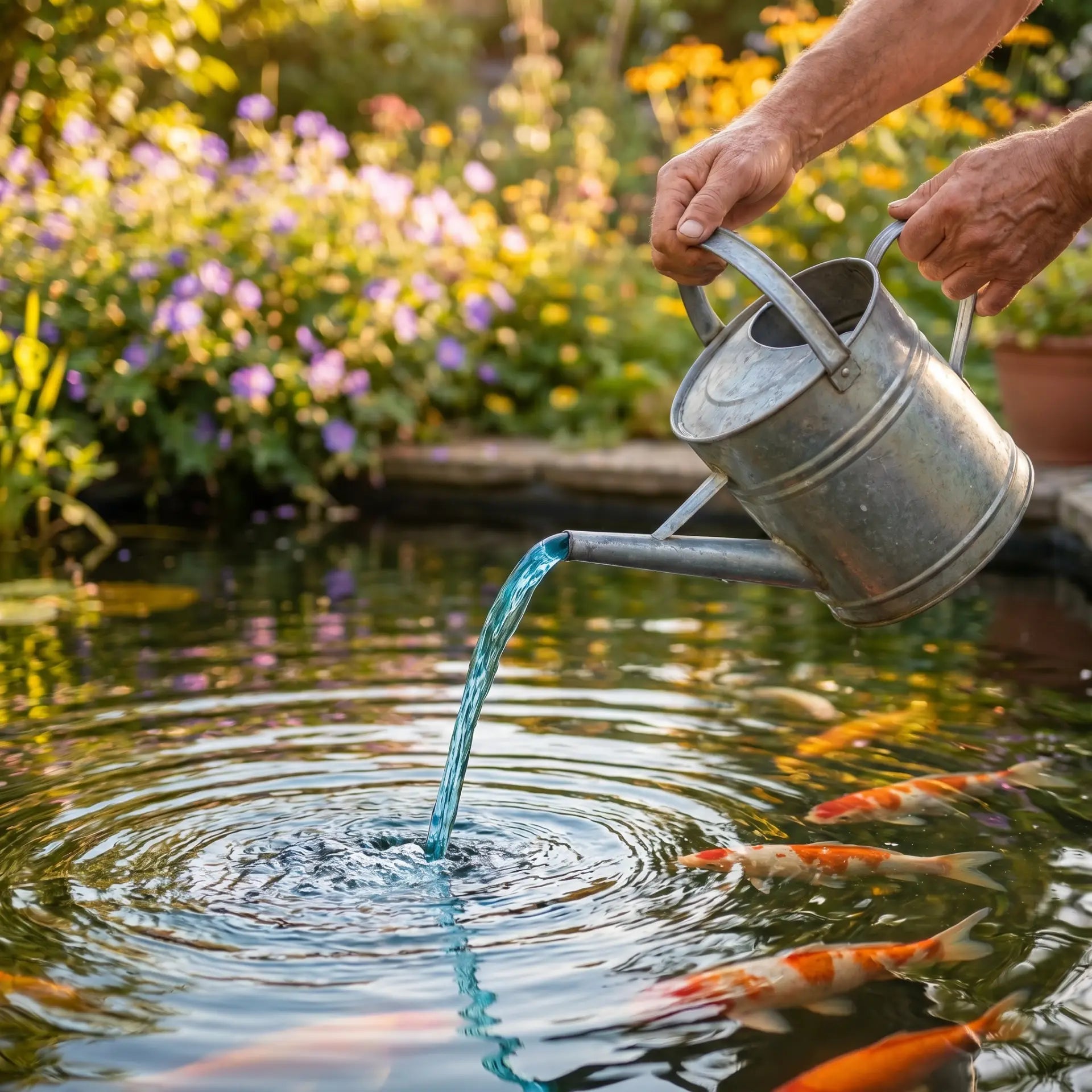 Anwendung KENJI KOI Anti Algen UV Schutz – blaue Lösung wird mit der Gießkanne gleichmäßig über die Teichoberfläche verteilt