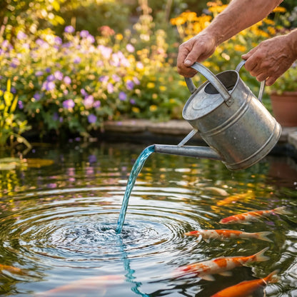 Anwendung KENJI KOI Anti Algen UV Schutz – blaue Lösung wird mit der Gießkanne gleichmäßig über die Teichoberfläche verteilt