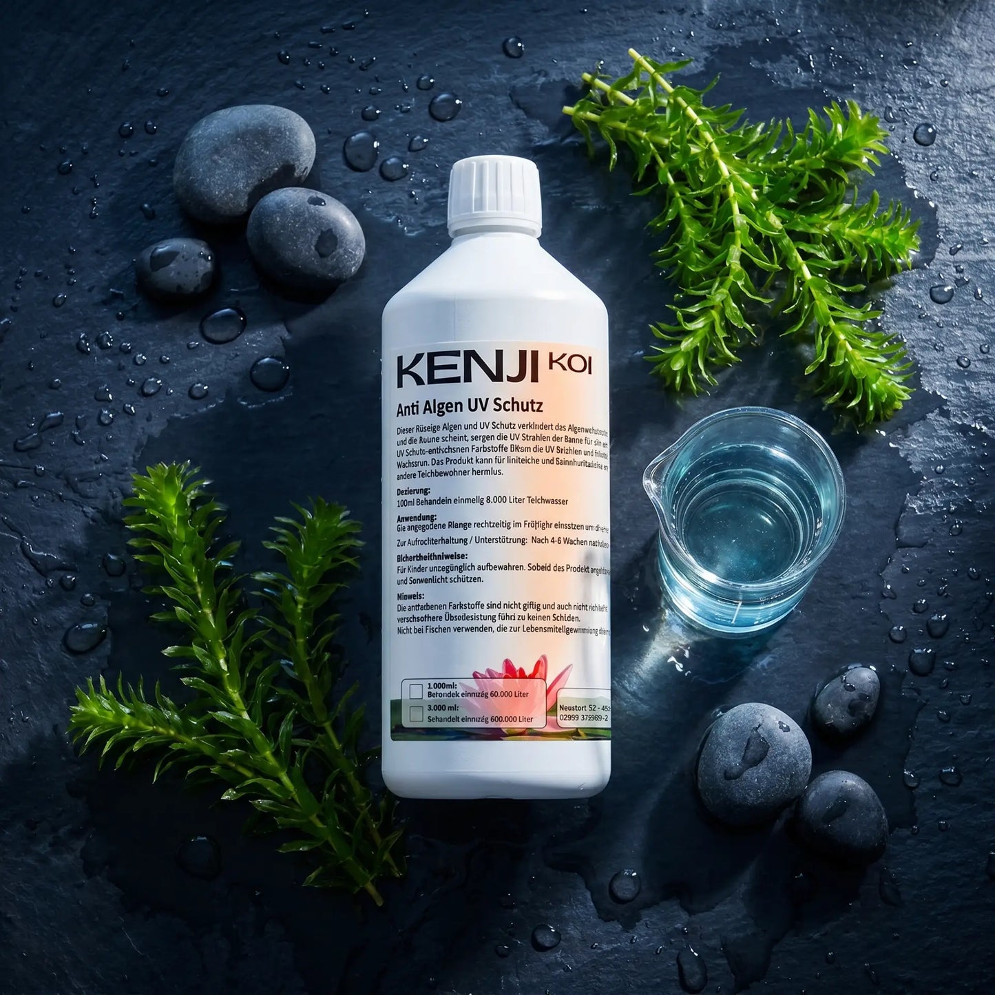 KENJI KOI Anti Algen UV Schutz – Stimmungsbild auf Naturschiefer mit Messglas und Teichwasser-Tropfen