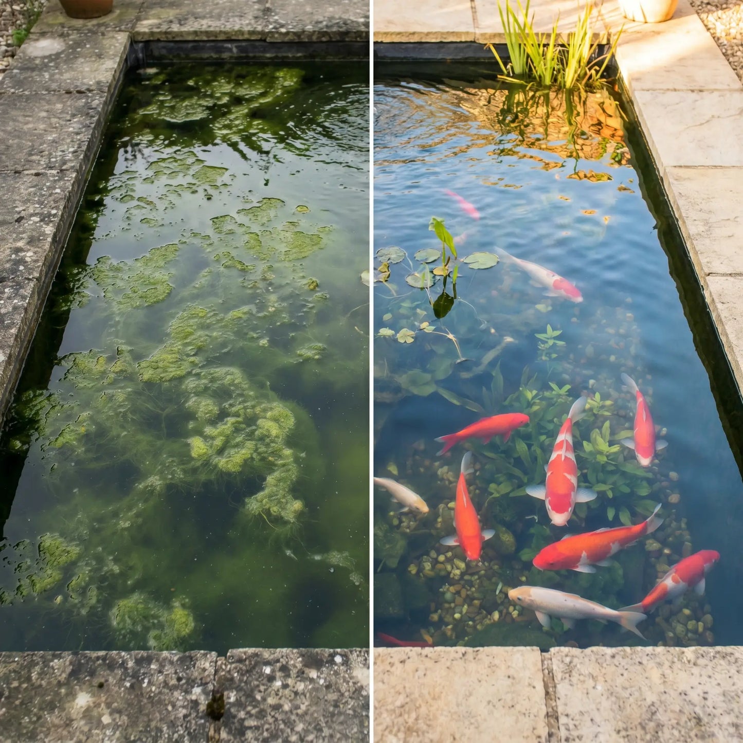 Vorher-Nachher-Vergleich: Links trübes Algenwasser, rechts kristallklares Teichwasser nach Behandlung mit KENJI KOI Anti Algen UV Schutz