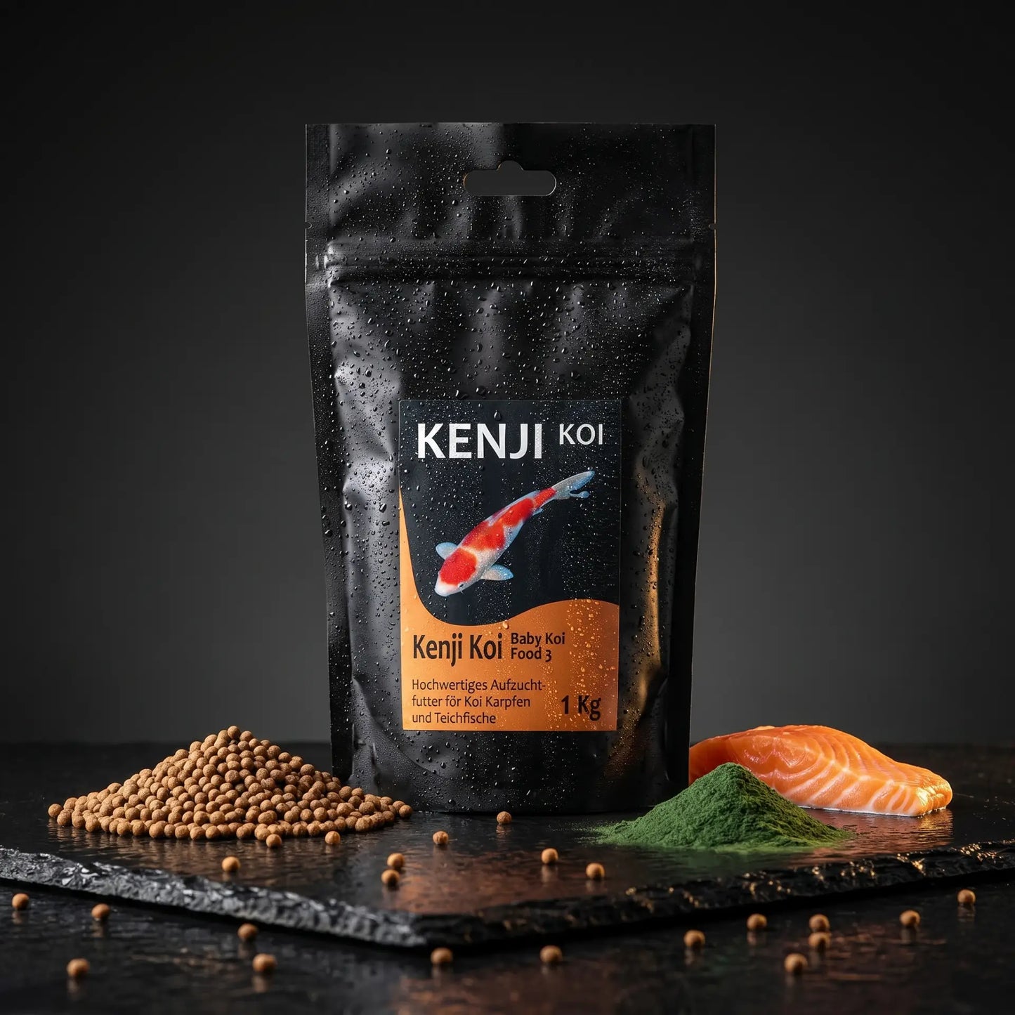 Kenji Koi Baby Koi Food 3 auf schwarzem Naturschiefer mit 2mm Pellets, Spirulina-Pulver und kleinem Lachsstück – Aufzuchtfutter für Jungkoi bis 20 cm Körperlänge