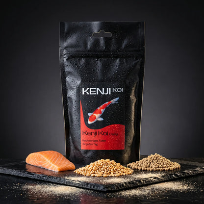 Kenji Koi Daily Food 5 kg auf schwarzem Naturschiefer mit frischem Lachsstück, Weizenkörnern und Profi-Pellets – schwimmendes Ganzjahresfutter für Koi ab 10 °C, Made in Germany