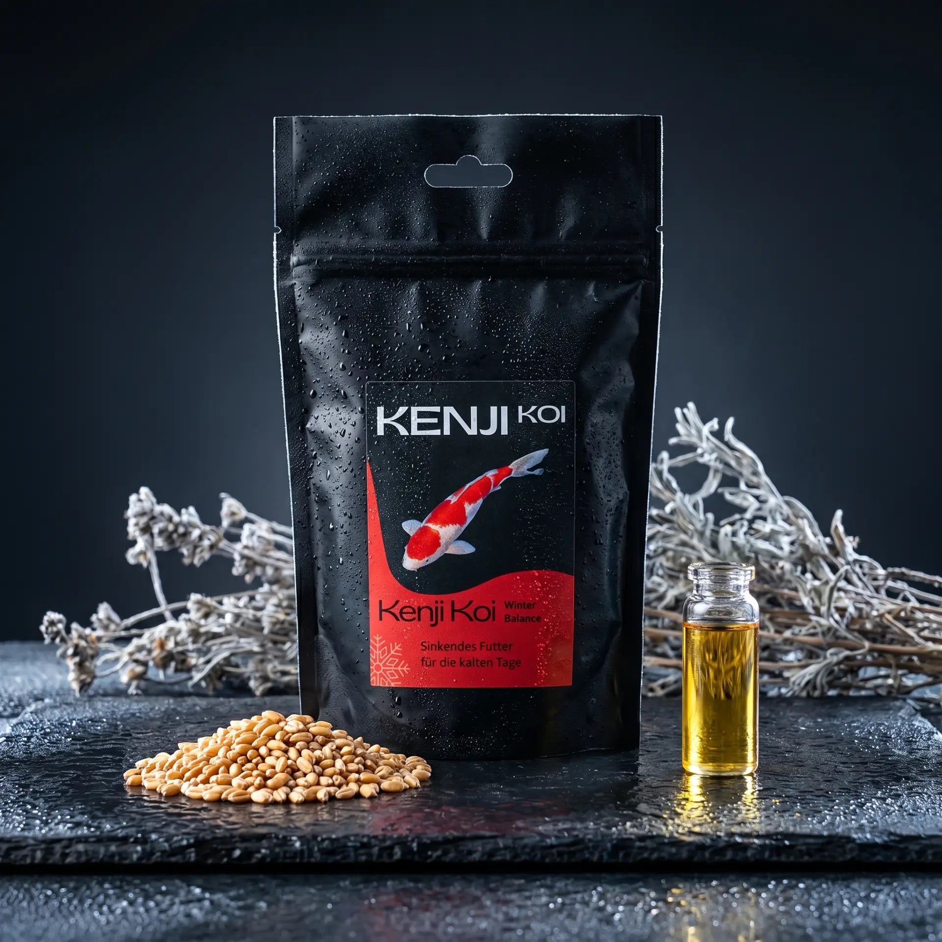 Kenji Koi Winter Balance auf schwarzem Naturschiefer mit goldenen Weizenkörnern, Weizenkeimöl-Fläschchen und Winterkräutern – sinkendes Winterfutter für Koi bei 4-12 Grad Celsius