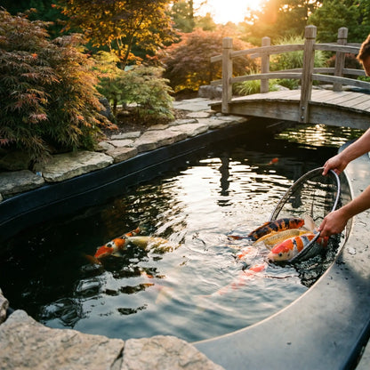 Fertig abgedichteter Koi-Teich mit TRIPOND Teichfolie Flüssig und Härter – glatte schwarze Schutzschicht, erste Koi beim Einsetzen