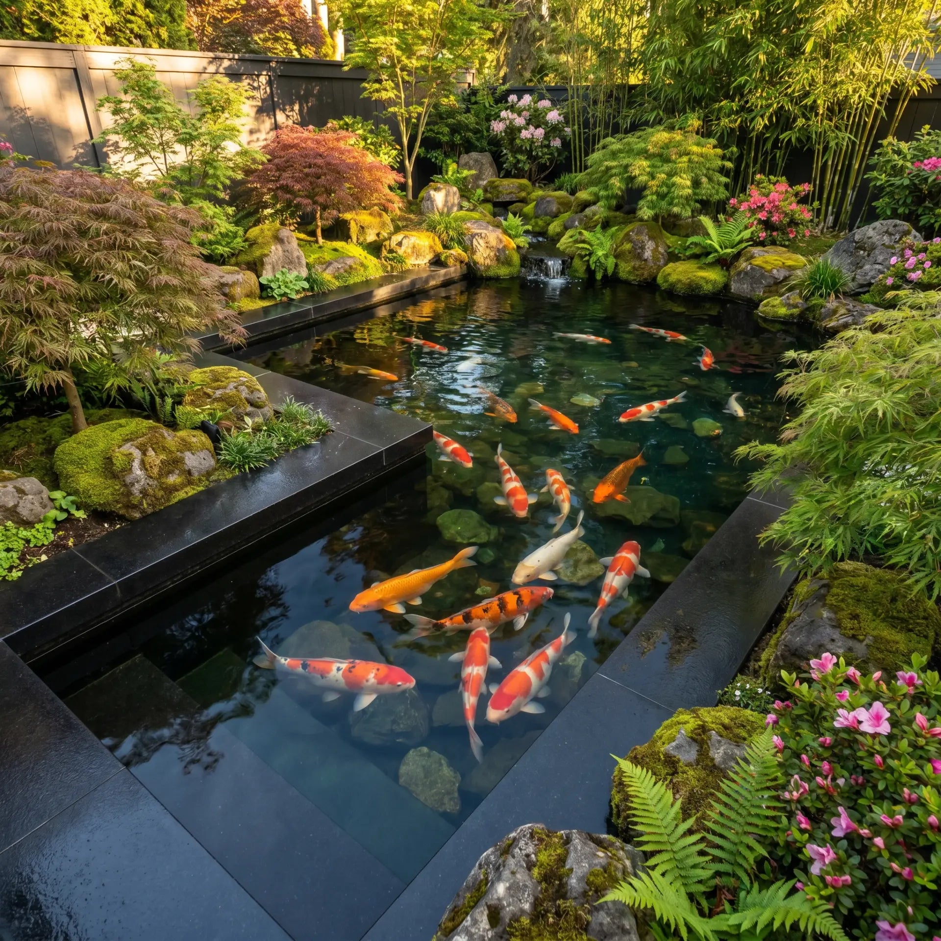 Fertiger Koi-Teich mit schwarzer Teichfolie Flüssig abgedichtet – klares Wasser, bunte Koi, japanischer Garten