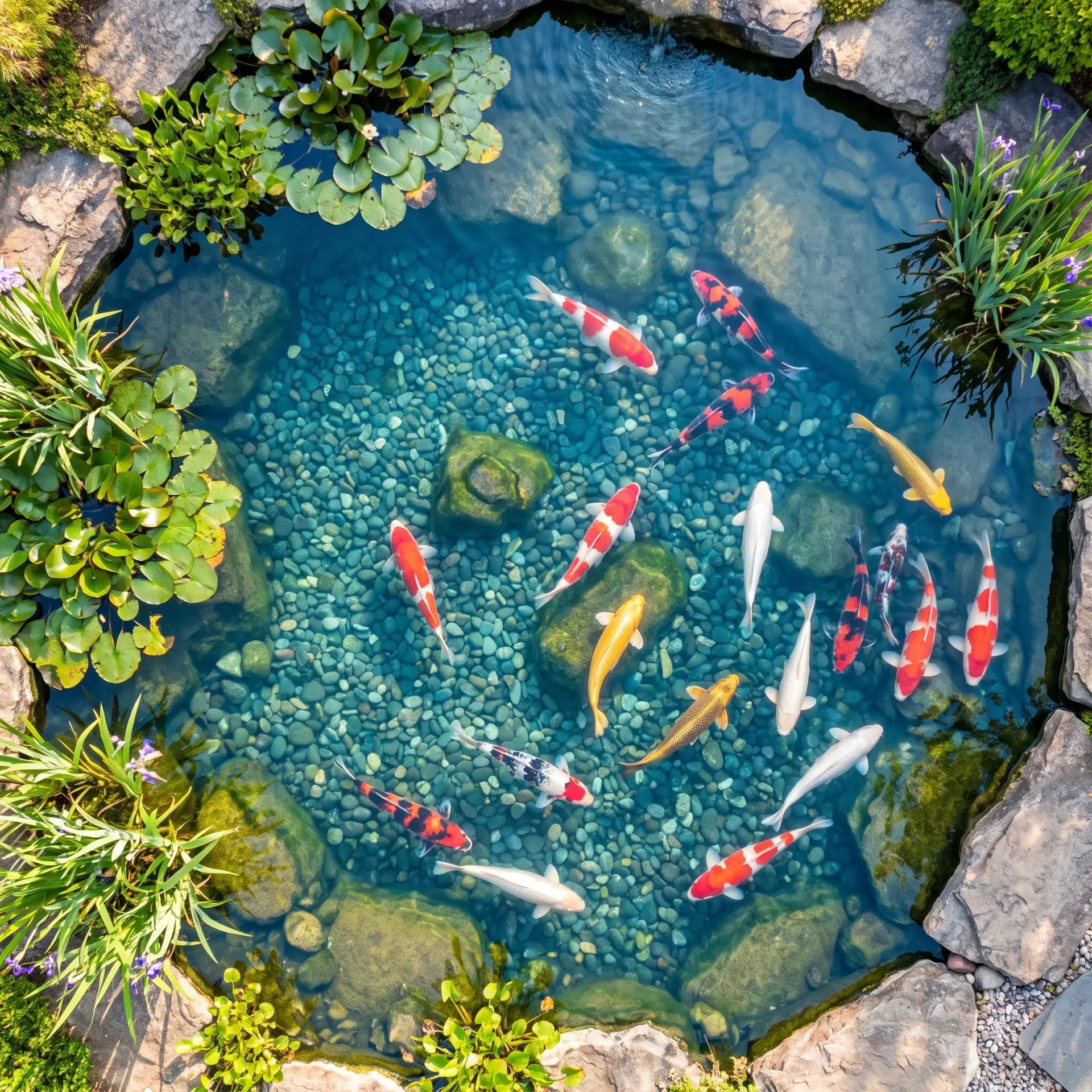 Koiteich von oben – bunte Koi schwimmen in kristallklarem Wasser – Garten-Idylle mit TRIPOND Reihenfilter Filtration