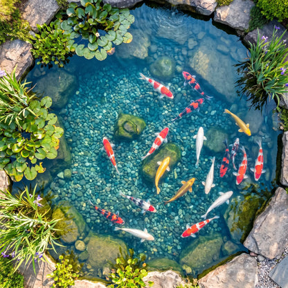 Koiteich von oben – bunte Koi schwimmen in kristallklarem Wasser – Garten-Idylle mit TRIPOND Reihenfilter Filtration