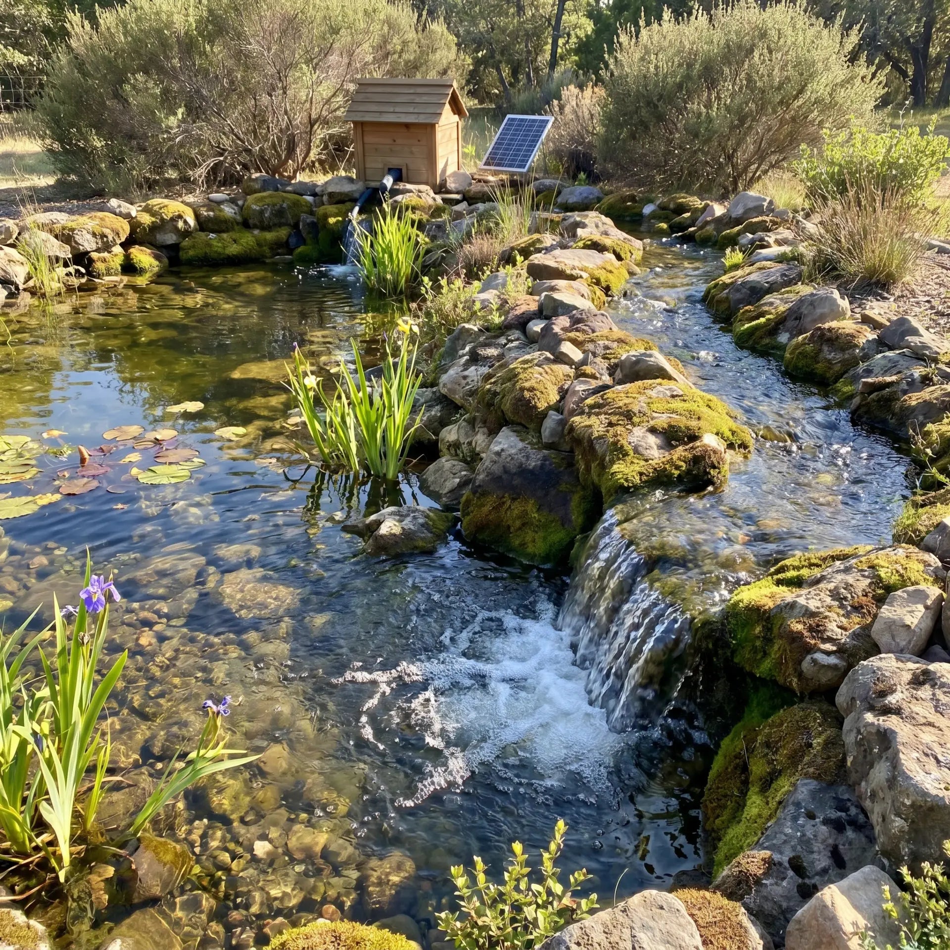 Superflow Techno Pro Teichpumpe im Einsatz an Bachlauf und Wasserfall im Gartenteich