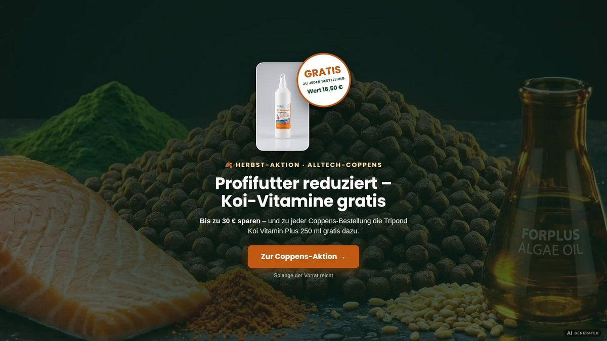 Coppens-Herbst-Aktion: Profi-Koifutter reduziert – gratis Tripond Koi Vitamin Plus 250 ml zu jeder Bestellung bei Teich-Ambiente – AI GENERATED / KI-GENERIERT