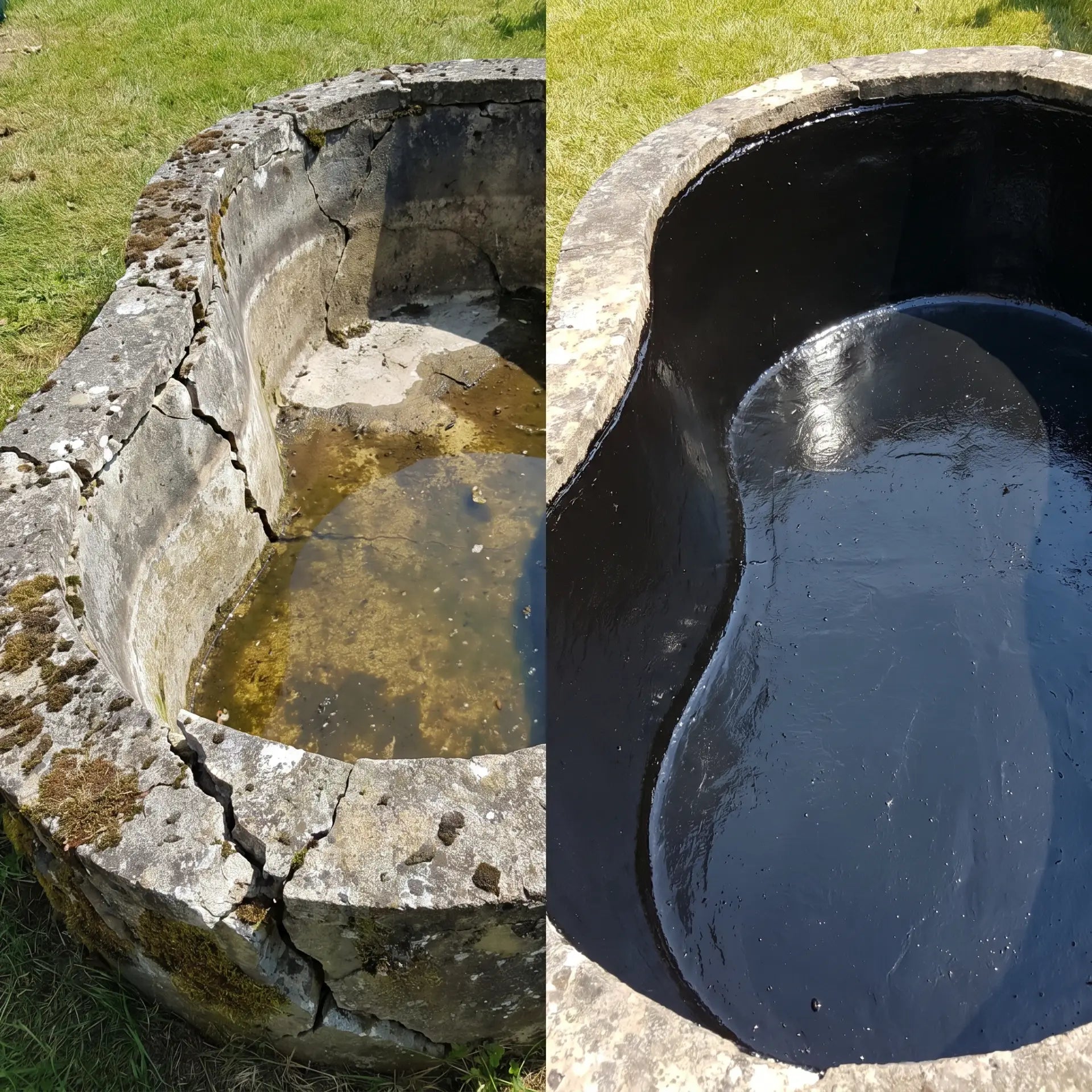 Teichsanierung Vorher-Nachher: rissiger Betonteich links, frisch abgedichtet mit TRIPOND Teichfolie Flüssig rechts