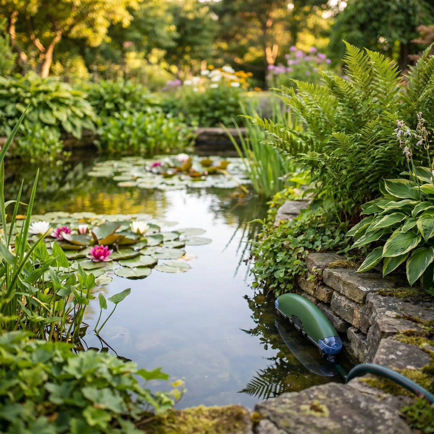 Vorher-Nachher Vergleich Teichwasser: grünes trübes Wasser links,
kristallklares Wasser nach UV-C Behandlung rechts
