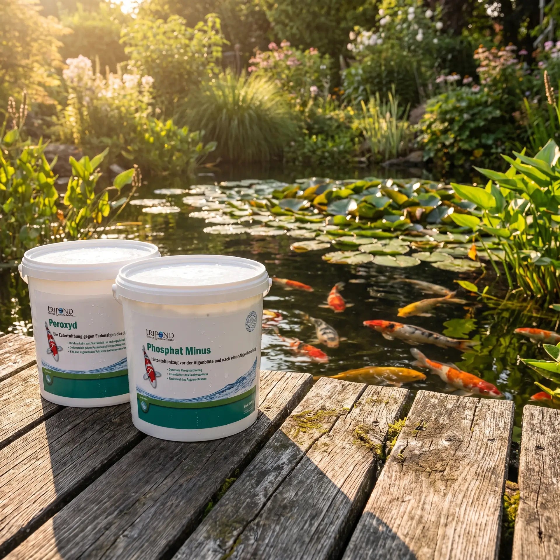 TRIPOND Akut-Bundle Peroxyd und Turbo Phosphatbinder am Koiteich – Anwendung gegen Fadenalgen im Frühjahr