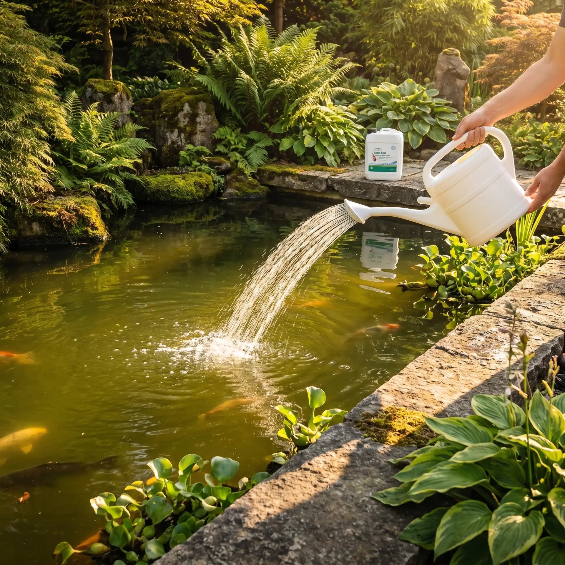 Anwendung TRIPOND Algen-Stop: Gießkanne verteilt verdünntes Algizid morgens gleichmäßig über die Oberfläche eines Koiteichs im Garten – Frühjahrspflege