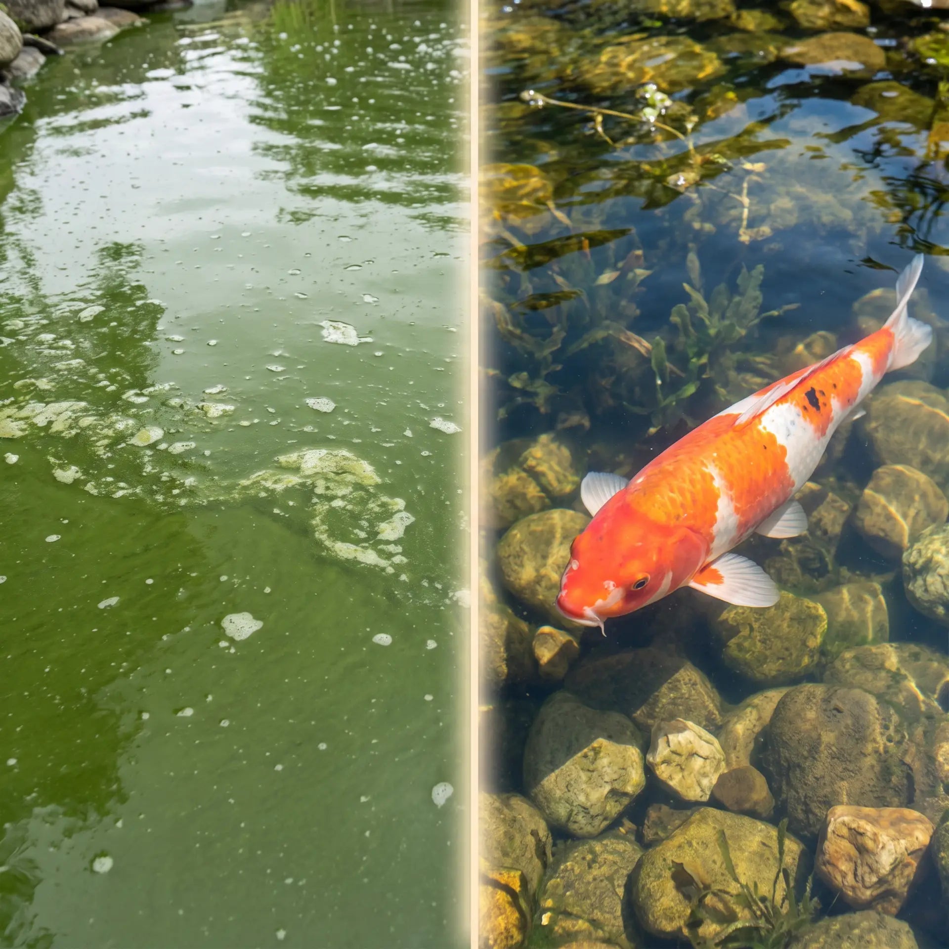 Vorher-Nachher: Grünes trübes Teichwasser durch Schwebealgen links – kristallklares Teichwasser mit sichtbarem Koi rechts nach Behandlung mit TRIPOND Algen-Stop