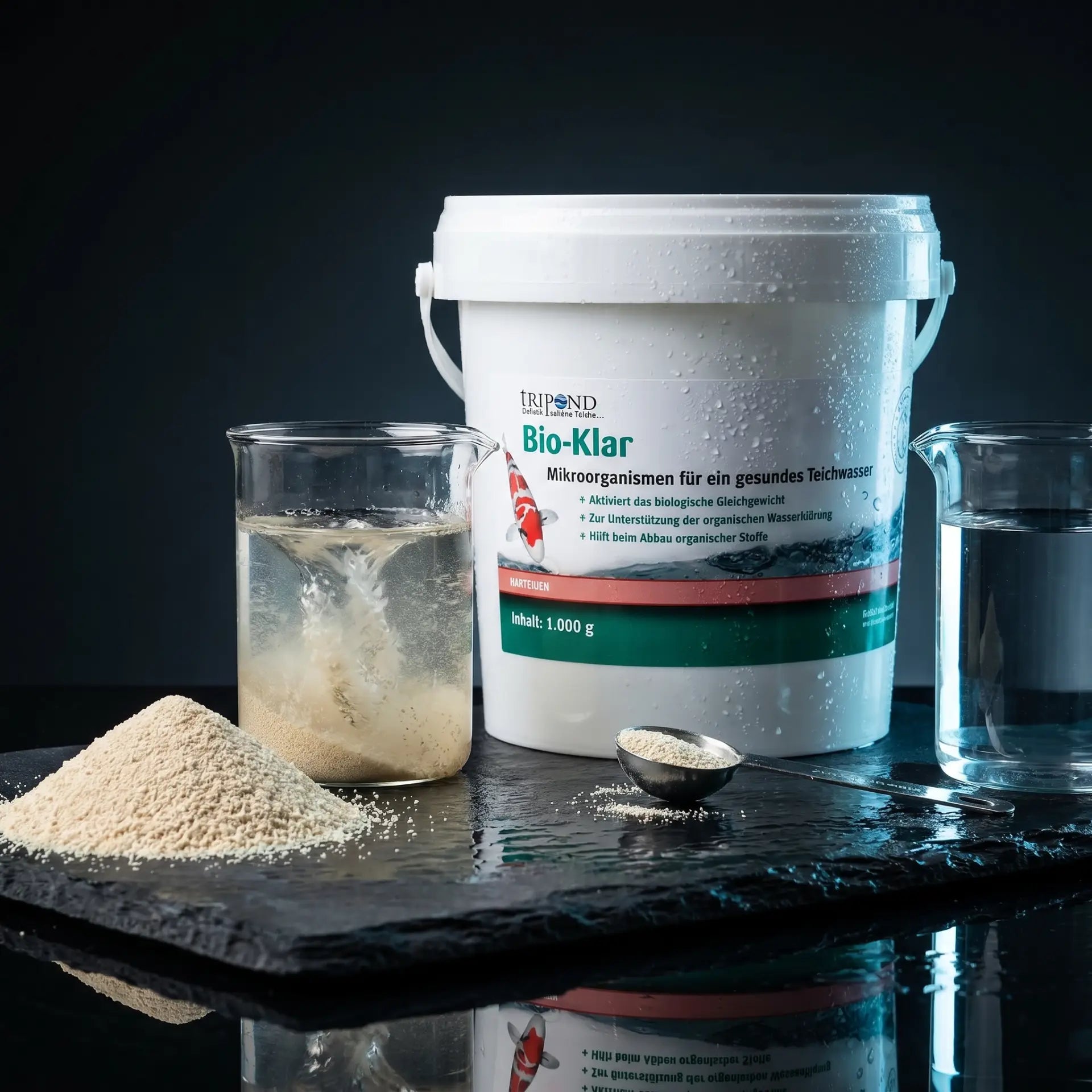 Tripond Bio Klar biologischer Teichklärer 1 kg Granulat auf schwarzem Naturschiefer – cremefarbenes Bio-Granulat, Auflösungsmoment im Messglas und kristallklares Ergebniswasser – natürliche Mikroorganismen für klares Teichwasser, 50g pro 1.000 Liter, ohne Abschalten der Teichtechnik