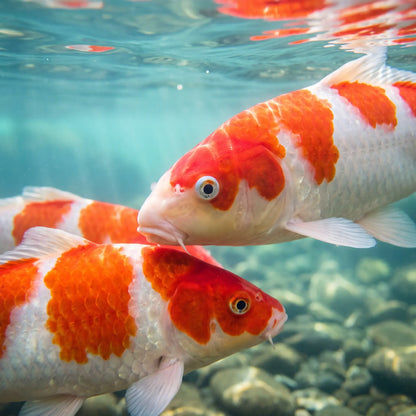Farbenfrohe Koi schwimmen in kristallklarem Teichwasser – das Ergebnis effektiver GFK-Filtration mit dem Tripond Center Vortex